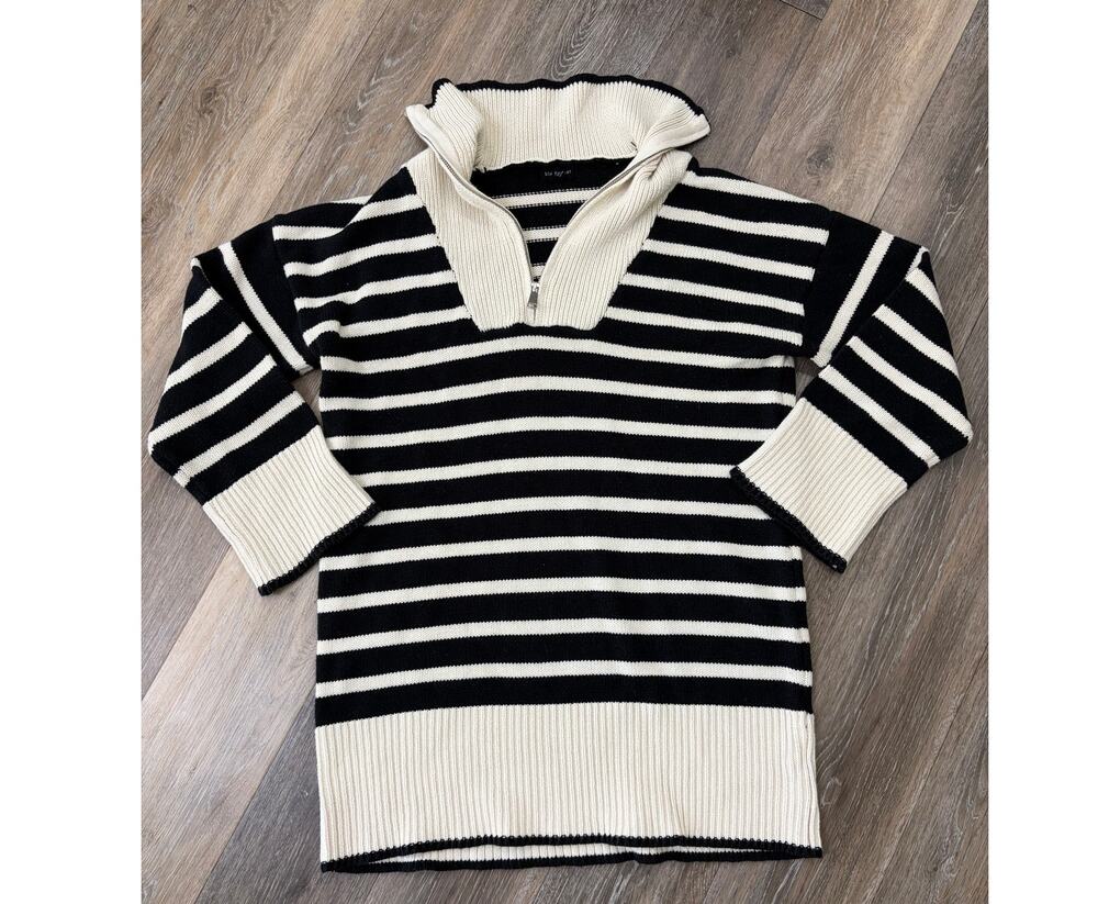 Blu Pepper Striped Sweater Quarter Zip Black Cream Size Small Chunky Knit